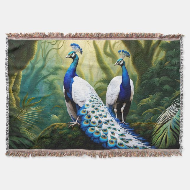 Majestic White and Blue Peacock in Forest Throw Blanket (Front)