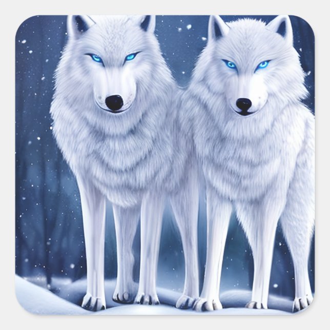 Majestic White Arctic Wolves Art Square Sticker (Front)