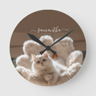 Majestic white cat lover round clock