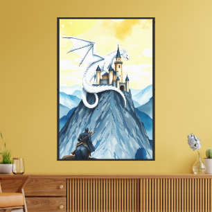 Majestic White Dragon Over the Fortress Canvas Print