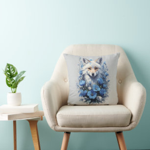 Majestic White Fox in Blue Floral Bouquet Cushion