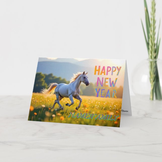 Majestic White Horse in Golden Meadow Holiday Card (Front)
