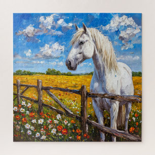 Majestic White Horse Standing by Rustic Fence Jigsaw Puzzle
