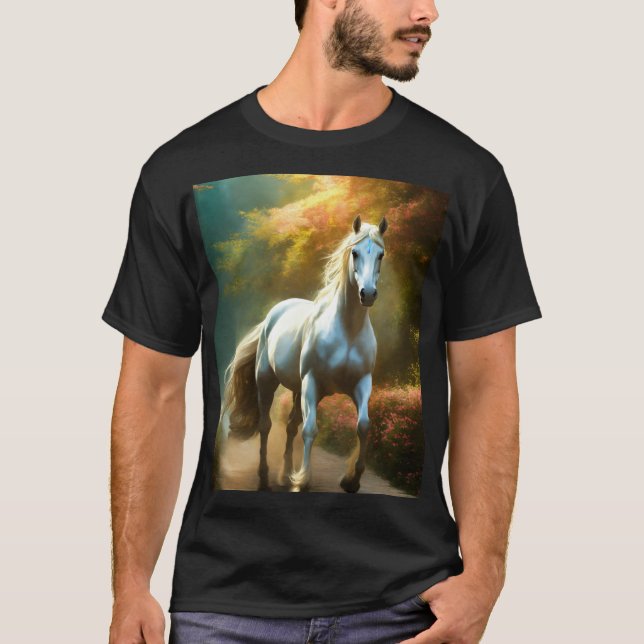"Majestic White Horse T-Shirt Design" (Front)