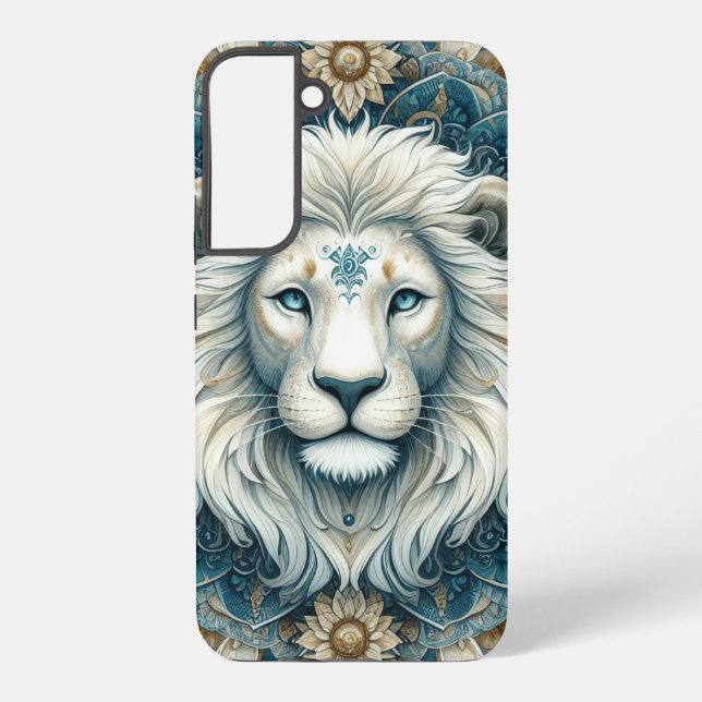Majestic White Lion Head Teal Blue Mandala Samsung Galaxy S22+ Case (Back)