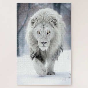 Majestic White Lion in Winter Wonderland Design Jigsaw Puzzle
