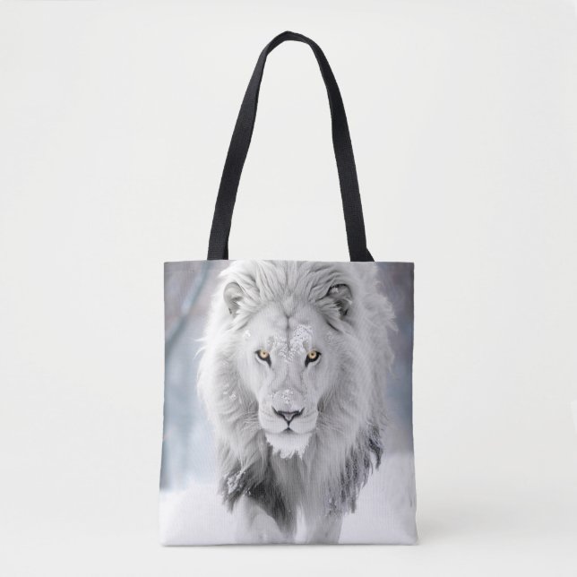 Majestic White Lion in Winter Wonderland Design Tote Bag (Front)