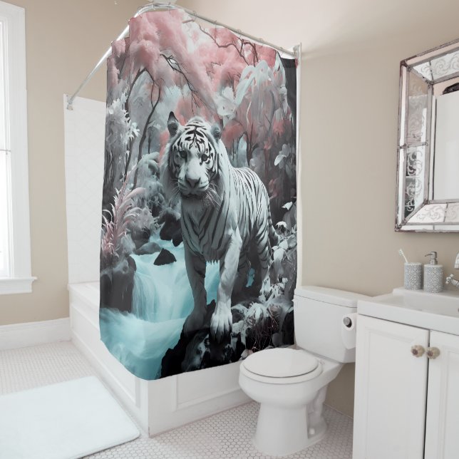 Majestic White Tiger by the Waterfall bathroom Shower Curtain (In Situ)