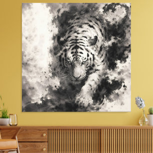 Majestic White Tiger Emerging from Ink Chinese I Canvas Print