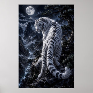Majestic White Tiger Under Moonlight, Mystical Nig Poster