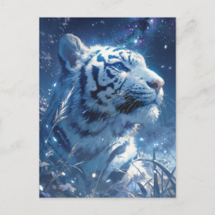 Majestic White Tiger Under Starry Night Sky Postcard