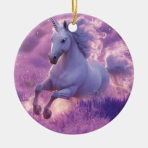 Majestic White Unicorn Galloping Through Lavender Ceramic Ornament