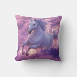 Majestic White Unicorn Galloping Through Lavender Cushion