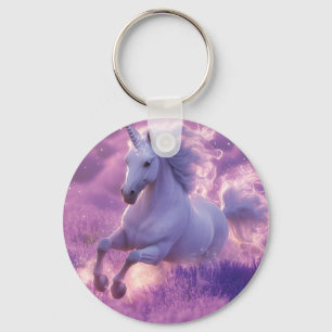 Majestic White Unicorn Galloping Through Lavender  Key Ring