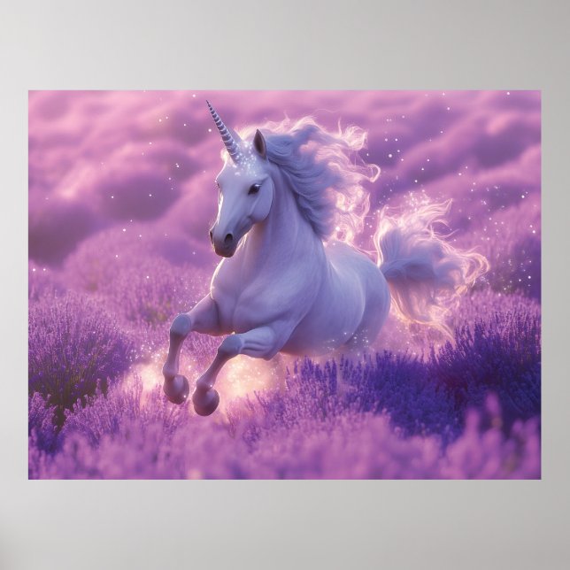 Majestic White Unicorn Galloping Through Lavender  Poster (Front)