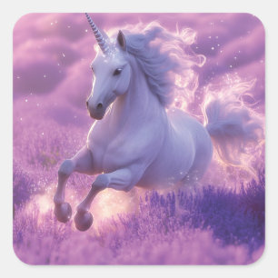 Majestic White Unicorn Galloping Through Lavender Square Sticker