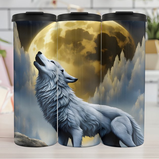 Majestic White Wolf Howls Under Full Moon Thermal Tumbler (Creator Uploaded)