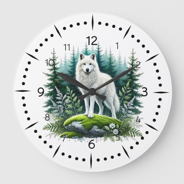 Majestic White Wolf in Forest Large Clock (Front)