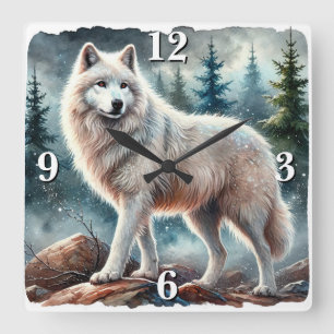 Majestic White Wolf in Winter Forest Square Wall Clock
