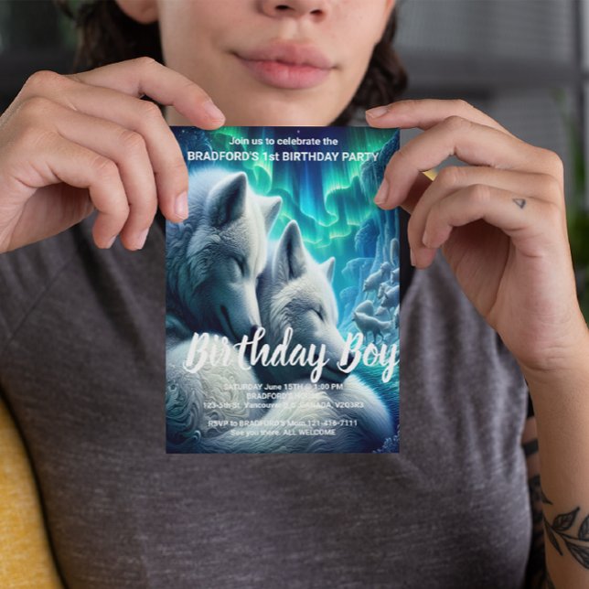 Majestic White Wolves Resting Birthday Invite Postcard (Creator Uploaded)