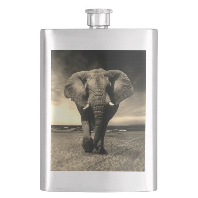 Majestic Wild Bull Elephant in Sepia Hip Flask (Front)