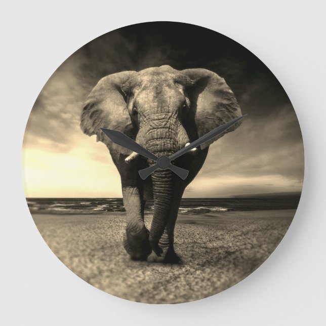 Majestic Wild Bull Elephant in Sepia Large Clock (Front)