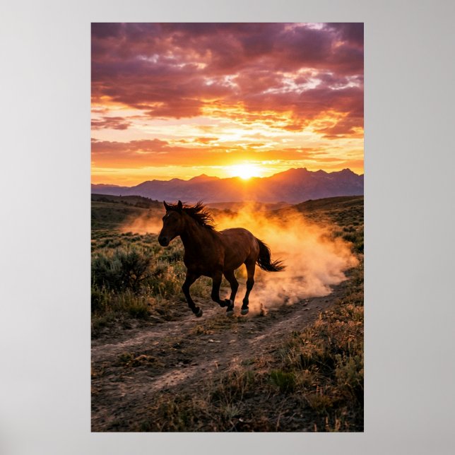 Majestic Wild Horse Sunset Poster | Luxury Western (Front)