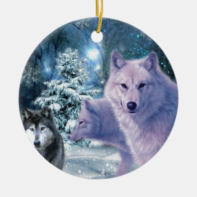 Majestic Wild Wolves in the Forest Ceramic Tree Decoration (Front)