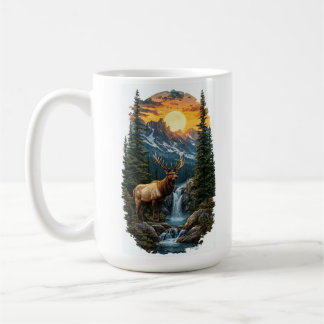 "Majestic Wilderness – Elk at Sunrise Waterfall" Coffee Mug