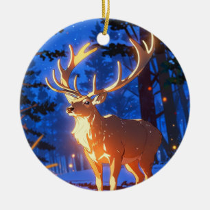 Majestic Winter Deer in Enchanted Forest Ceramic Ornament