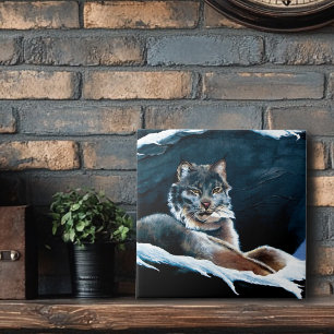 Majestic Winter Lynx Resting Snowy Mountain Ceramic Tile