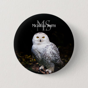 Majestic winter snowy owl monogram custom name 6 cm round badge