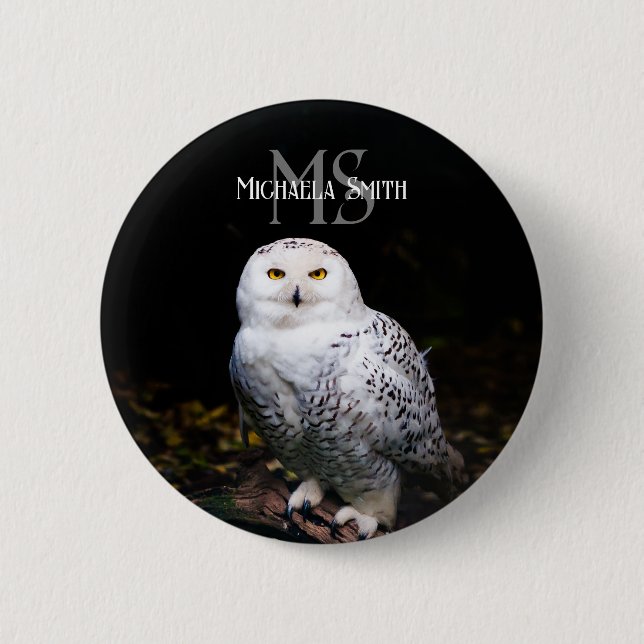 Majestic winter snowy owl monogram custom name 6 cm round badge (Front)