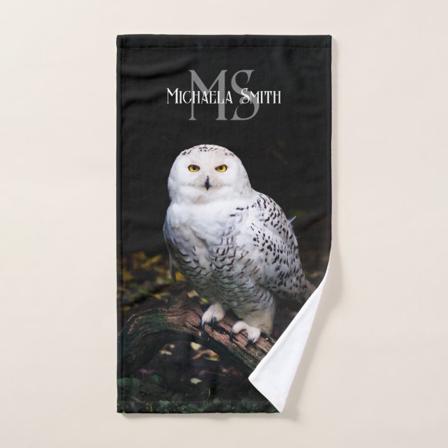 Majestic winter snowy owl monogram custom name bath towel set (Hand Towel)