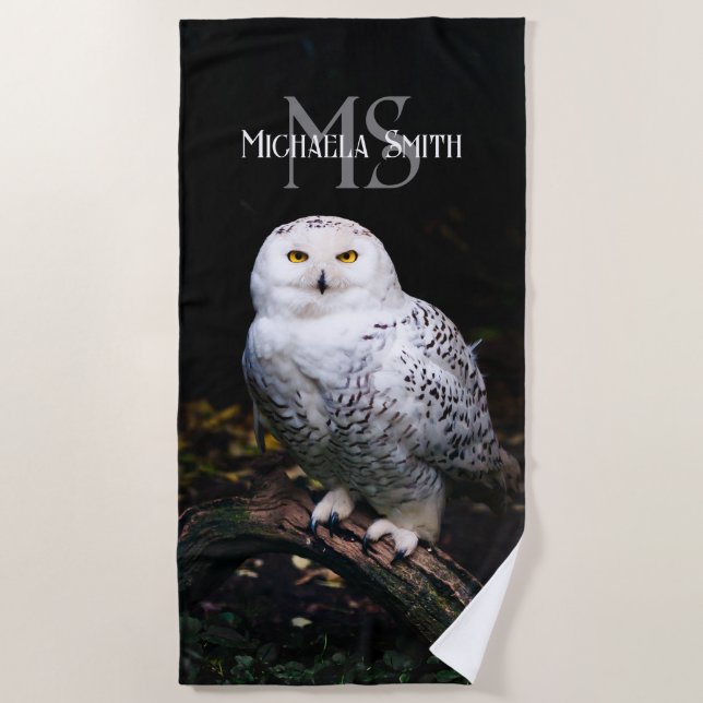 Majestic winter snowy owl monogram custom name beach towel (Front)