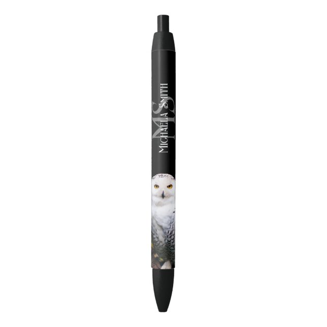 Majestic winter snowy owl monogram custom name black ink pen (Front Vertical)