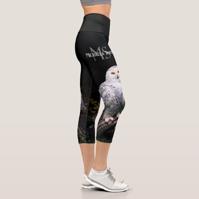 Majestic winter snowy owl monogram custom name capri leggings (Right)