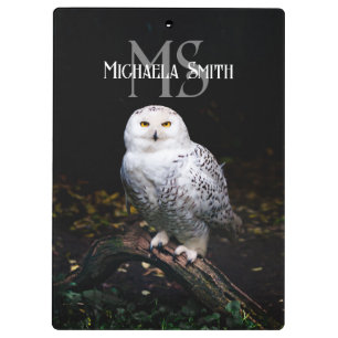 Majestic winter snowy owl monogram custom name clipboard