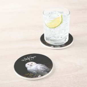 Majestic winter snowy owl monogram custom name coaster