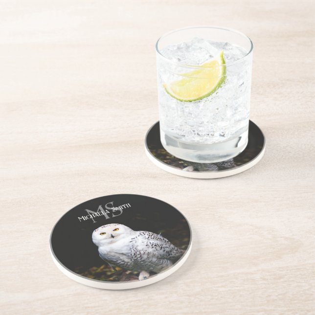 Majestic winter snowy owl monogram custom name coaster (Side)