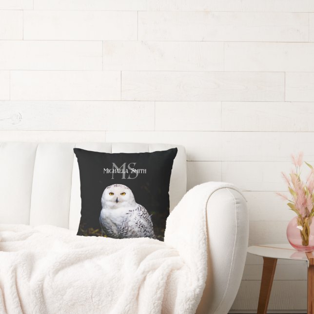 Majestic winter snowy owl monogram custom name cushion (Couch)