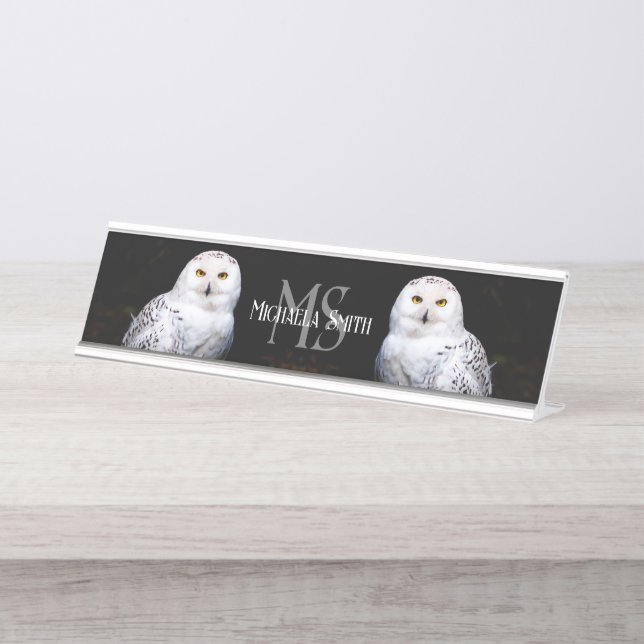 Majestic winter snowy owl monogram custom name desk name plate (Front)