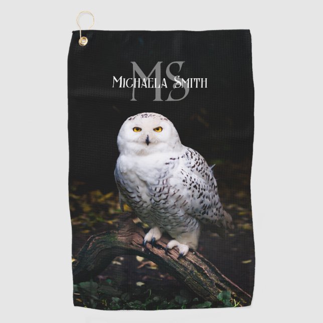 Majestic winter snowy owl monogram custom name golf towel (Front)