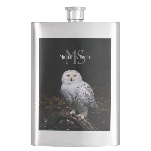 Majestic winter snowy owl monogram custom name hip flask (Front)