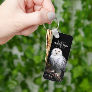 Majestic winter snowy owl monogram custom name key ring