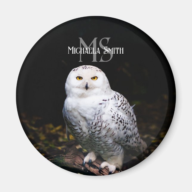 Majestic winter snowy owl monogram custom name magnet (Front)