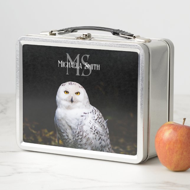 Majestic winter snowy owl monogram custom name metal lunch box (In Situ)