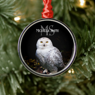 Majestic winter snowy owl monogram custom name metal ornament