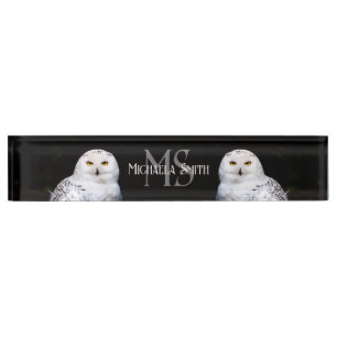 Majestic winter snowy owl monogram custom name nameplate