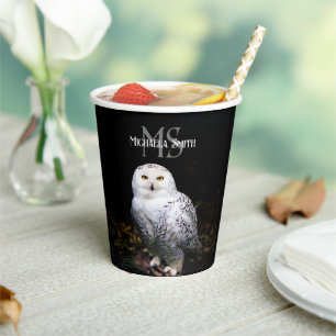 Majestic winter snowy owl monogram custom name paper cups